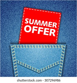 Summer offer tag. Blue back jeans pocket realistic denim texture