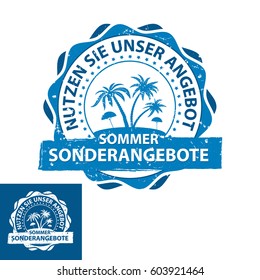 Summer offer. Take advantage of our discounts / offer (German:  Sommer sonderangebote. Nutzen sie unser angebot - summer label / sticker for tourism industry /  travel agencies. Print colors used