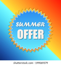 summer offer text in sun sign, orange and blue retro label, flat design, business seasonal shopping concept badge, vector