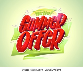 Summer offer vector banner template with hand drawn lettering, hello summer poster