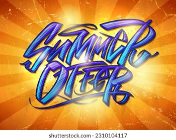 Summer offer, vector banner template with hand drawn lettering and rays backdrop