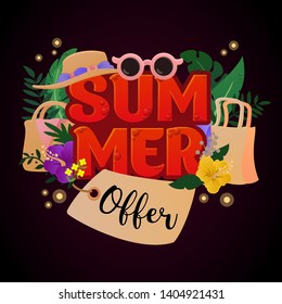 Summer Offer. Vector Isolated Graphic Design Elements. Illustration with lettering, shopping bags, hat, glasses, tropical plants, palm and banana leaves, flowers, fireflies. water dots. Flat, cartoon.