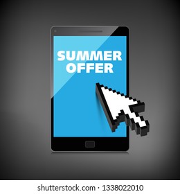 Summer offer words. Markdown, discount on High-quality laptop screen. Reduced Prices. Special offer. Shopping badge with percentage discount. 