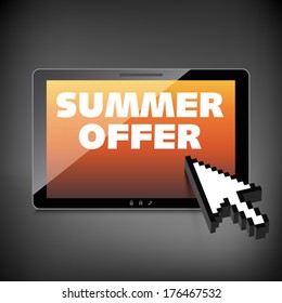 Summer offer words. Markdown, discount on High-quality tablet screen. Reduced Prices. Special offer. Shopping badge with percentage discount.