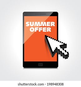 Summer offer words. Markdown, discount on High-quality laptop screen. Reduced Prices. Special offer. Shopping badge with percentage discount. 