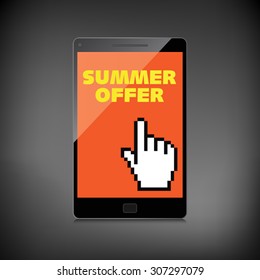 Summer offer words. Markdown, discount on High-quality laptop screen. Reduced Prices. Special offer. Shopping badge with percentage discount. 