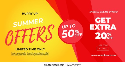 Pancarta de ofertas de verano, hasta el 50%, extra 20%, compras en línea, plantilla de vector de promoción de rojo y oro