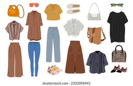 Summer office capsule wardrobe. Set of summer fashion clothes vector illustration. Collection of trendy clothing isolated on white. Colored stylish shoes, dress, trousers, shirt, bags and sunglasses