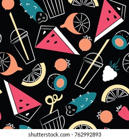 Summer ogranic drinks vector seamless pattern. Wallpaper with fresh vitamin cocktailas and fruits. Healthy lifestyle background. 