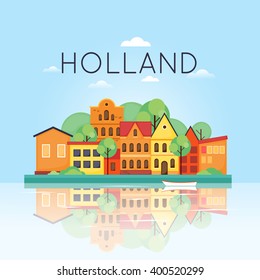 Summer Old city landscape with reflection in the water. Colorful Houses and Canal. Old Town, old Europe, trip to Europe, Holland. Summer holiday. Tourism and vacation. Flat design vector illustration.