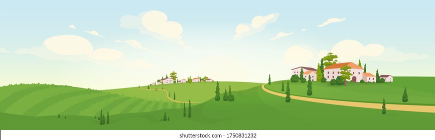 Summer in old European village flat color vector illustration. Morning in small town 2D cartoon landscape. Green agricultural fields view. Bright countryside with private villas