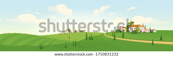 Summer in old\
European village flat color vector illustration. Morning in small\
town 2D cartoon landscape. Green agricultural fields view. Bright\
countryside with private\
villas