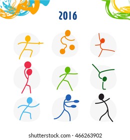 Summer Olympic Games Sport icons set. Vector illustrations of sportsmen for Olympiad 2016 in Rio. Summer Sport Brazil colors. Ready for design Olympic games symbol, Brazilian background. Stick figures