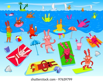 Summer on the beach with funny bunnies - vector
