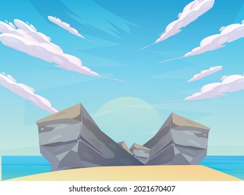 Summer on the beach holidays. rocks and sunshine all around. Cartoon vector illustration. Summer vacation on the sea beach background vector art design