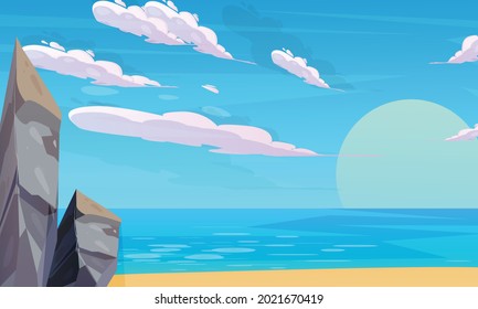 Summer on the beach holidays. rocks and sunshine all around. Cartoon vector illustration. Summer vacation on the sea beach background vector art design