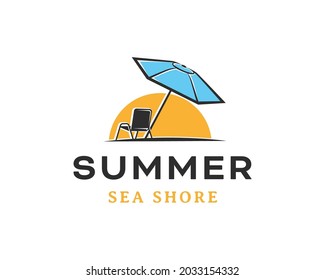 summer on the beach logo. beach chairs and umbrellas logo design template