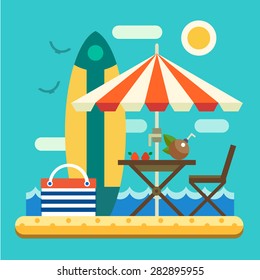 Summer on the beach: sand, sea waves, umbrella, sun, table, cocktail, coconut, bag. Vector flat illustration and background