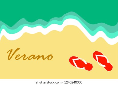 summer on the beach with sand slipper and beautiful sea and the word summer in Spanish top view