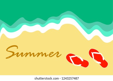 summer on the beach with sand slipper and beautiful sea and the word summer top view