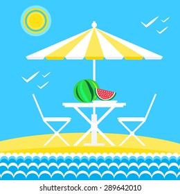 Summer on the beach: sand, sun, sea waves, sky , clouds, umbrella, table, watermelon, water. Vector illustration in flat style and background