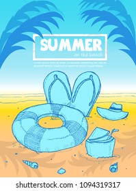 summer on the beach and sandals ,shell,swim ring,coconut