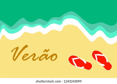 summer on the beach with slippers sand and beautiful sea and the word summer in Portuguese top view