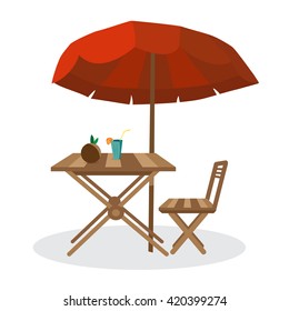 Summer on the beach: umbrella, sun, table, cocktail, coconut. Vector isolated flat illustration. Seaside vacation outdoors under the sun