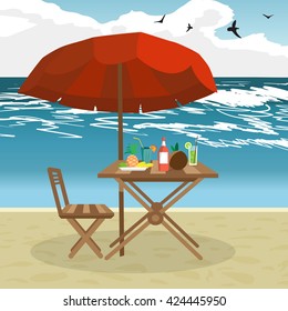 Summer on the beach: umbrella, sun, table, cocktail, coconut. Vector flat illustration. Seaside vacation outdoors under the sun