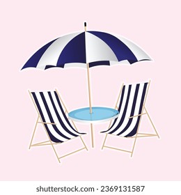 Summer on the beach: umbrella, table. Vector flat illustration. Seaside vacation outdoors.