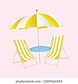 Summer on the beach: umbrella, table. Vector flat illustration. Seaside vacation outdoors.