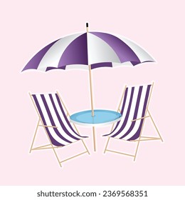 Summer on the beach: umbrella, table. Vector flat illustration. Seaside vacation outdoors.