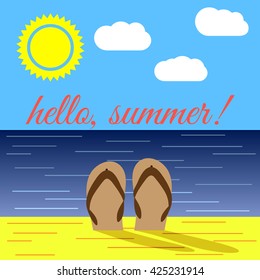 Summer on Beach and the Word "Hello Summer"