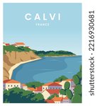 summer on calvi France. 
Poster Travel concept background. vector illustration with flat style.