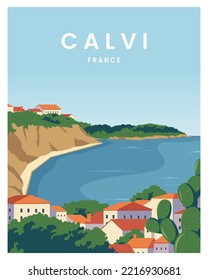 summer on calvi France. 
Poster Travel concept background. vector illustration with flat style.