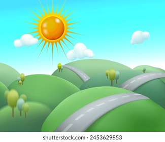 Summer on a countryside hill road. 3d vector cartoon style.