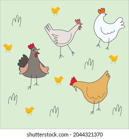 Summer on a farm. Group of colorful chickens, roosters and chickens, eggs. Clothing illustration, children's illustration, poster illustration, gift paper, fabric, Easter illustration. Eco Life.