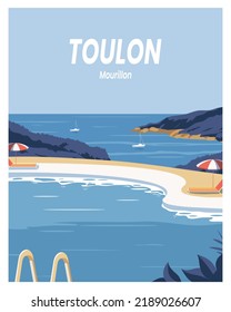 Summer on pool with view on Toulon France. vector poster illustration