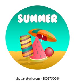 In summer, on the sandy beach, an umbrella, watermelon, ball and ice cream. Vector illustration.