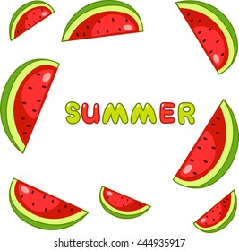 Summer on white background illustration. Slices of fresh watermelon.