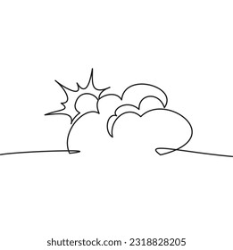 Summer one line icon in sky. One continuous line drawing of clouds and sun shining during the day. Vector illustration of a cloud and sun.