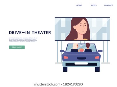 Summer open air cinema web page template with couple at in-drive cinema theater watching movie in parked car, flat vector illustration on white background.