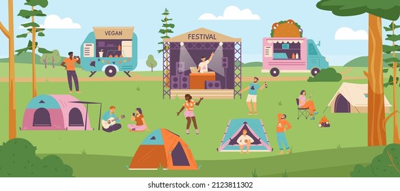 Summer open air music camping festival background with forest landscape and rock band on stage performing for crowd, flat cartoon vector illustration.