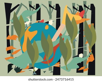 Summer open air music camping festival background with forest landscape and rock band on stage performing for crowd, flat cartoon vector illustration.ten