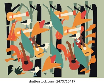 Summer open air music camping festival background with forest landscape and rock band on stage performing for crowd, flat cartoon vector illustration.nine