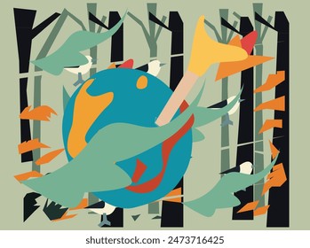 Summer open air music camping festival background with forest landscape and rock band on stage performing for crowd, flat cartoon vector illustration.eleven