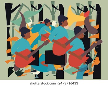 Summer open air music camping festival background with forest landscape and rock band on stage performing for crowd, flat cartoon vector illustration.group