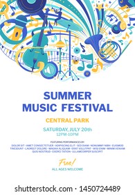 Summer Open Air Music Festival Flat Poster Template. Jazz And Blues Concert Web Banner. Modern And Retro Musical Instruments Doodle Drawings. Rock And Roll Band Performance Advertising Brochure