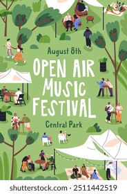 Sommer-Open-Air-Festival, Plakat-Design. Outdoor-Ferienveranstaltung im Park mit Musik und Essen. Werbeflyer, Werbekartenvorlage. Musikfest in der Natur, vertikaler Hintergrund. Flache Vektorgrafik