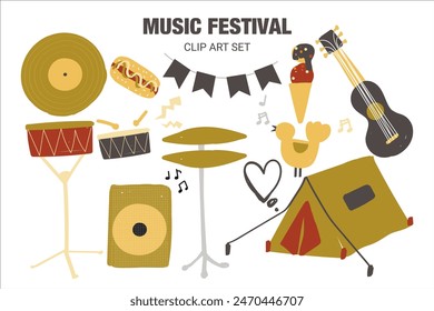 Summer open-air festival set, music concert in park, clipart. flat design style minimal vector illustration doodle style: guitar, drums, tent 